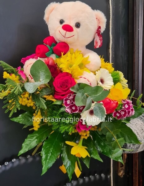 bouquet mimosa e pelouche